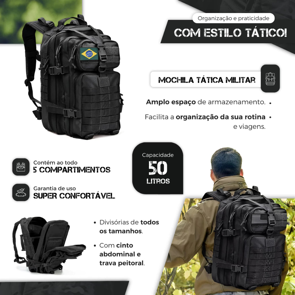 Mochila Tática 50 Litros Reforçada Impermeável Masculina Grande Camping