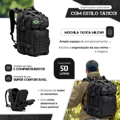 Mochila Tática 50 Litros Reforçada Impermeável Masculina Grande Camping